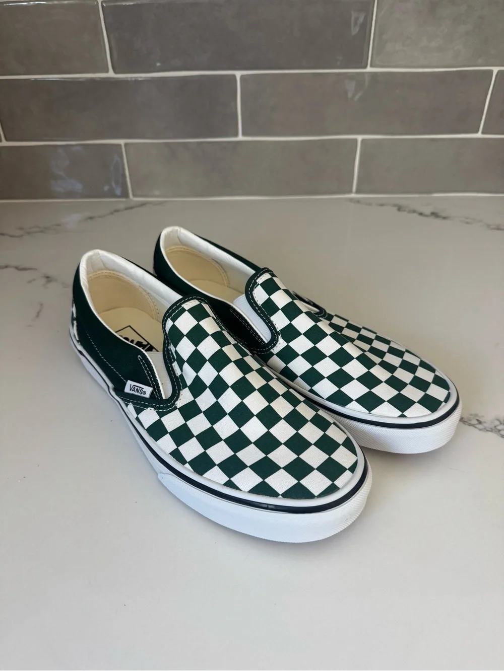 Brand New Vans Classic Slip-On Checkerboard Sneakers - Green & White M 8 W 9.5